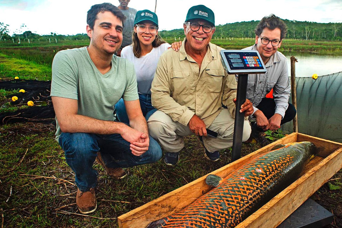 Team of scientists posing with Paiche fish at one of the ponds in the Amazon